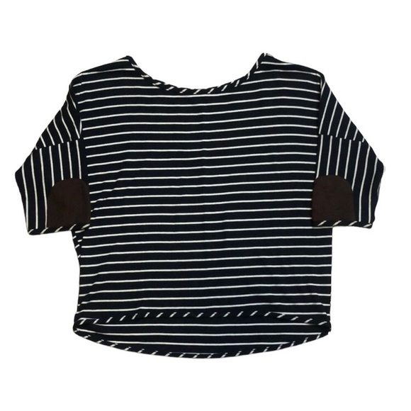 Monteau 3/4 Sleeve Striped Cropped Top w/Faux Suede Elbow Patches Size Small EUC - Picture 1 of 4